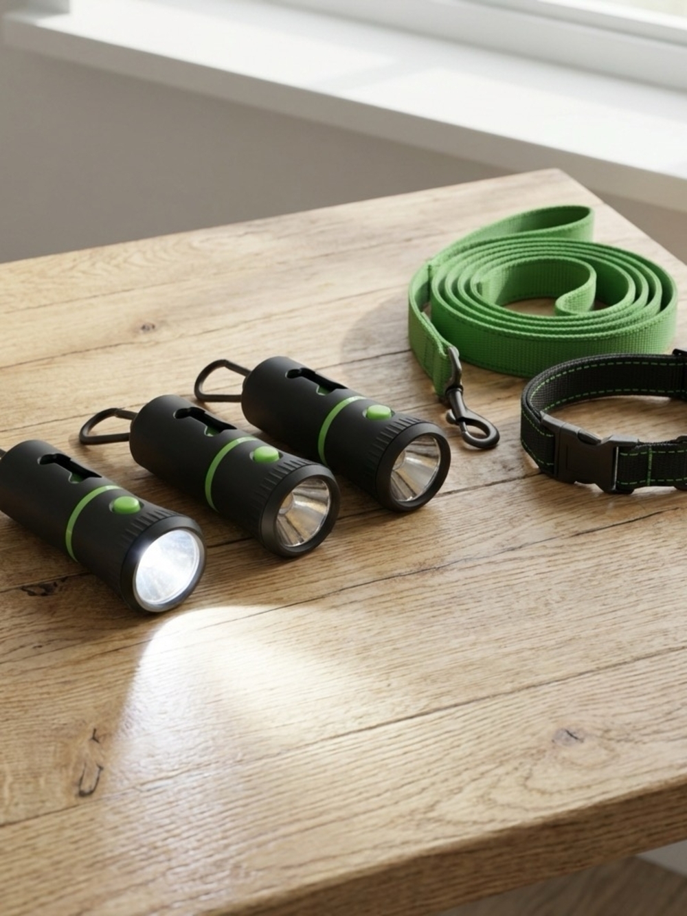 Universal Standard Black and Green Dog Collar, Leash & Clip-On Flashlight Set